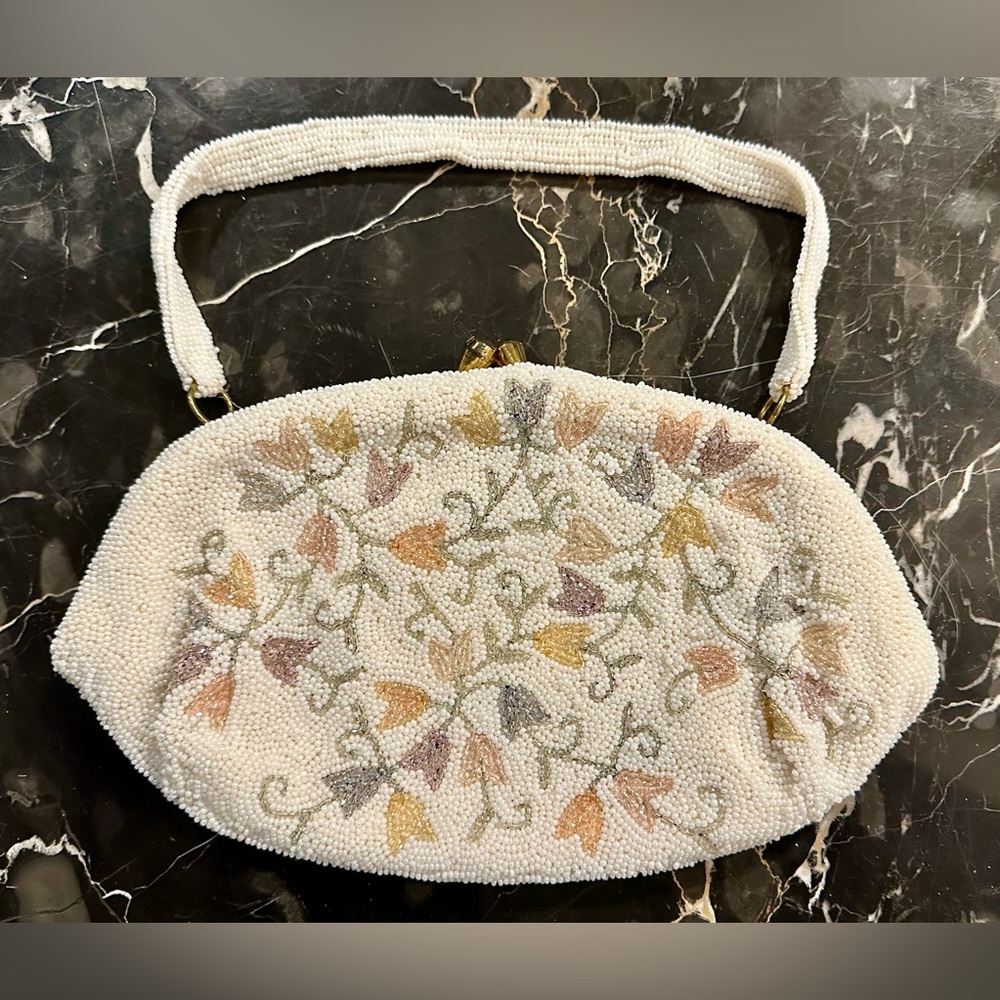 Vintage Spritzer and Furhmann Beaded Floral Clutch in Cream and Gold